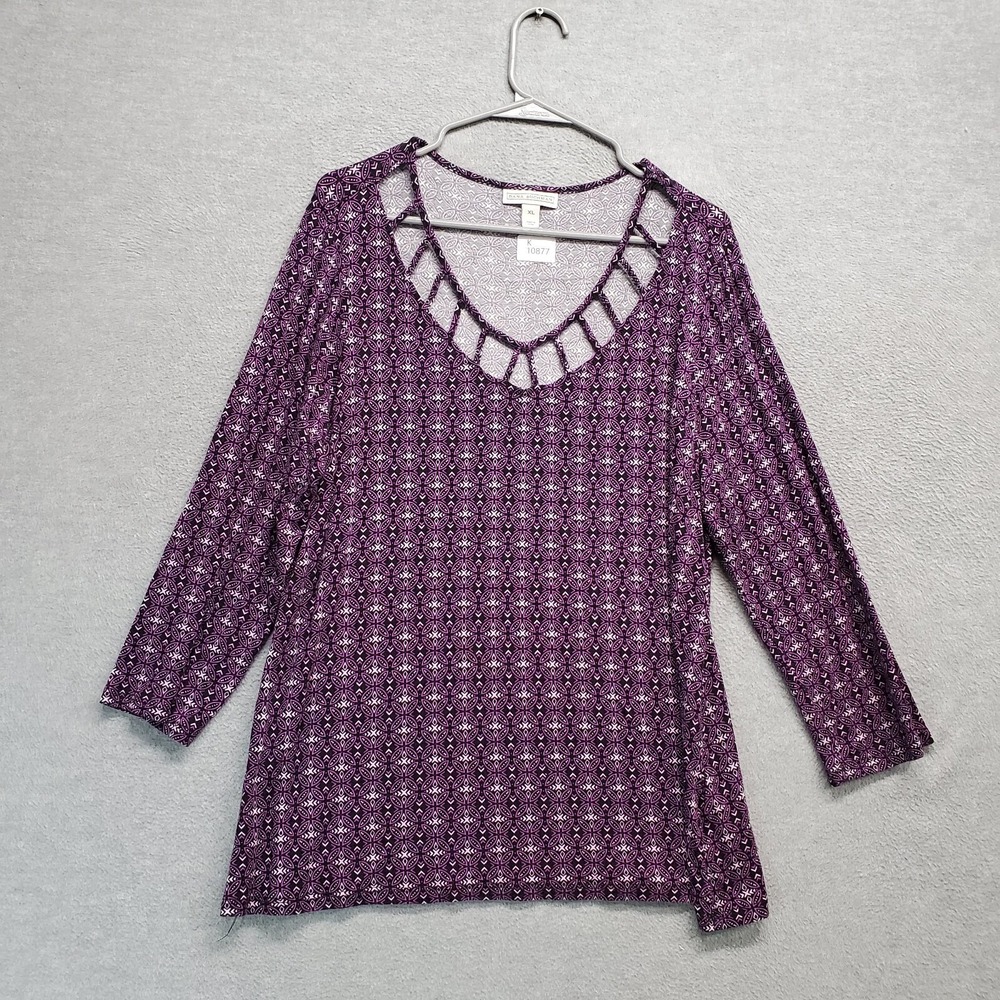 Dana Buchman Women Top XL Purple Geometric Blouse Long Sleeve Pullover